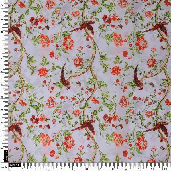 Orange Floral and Bird Print Muslin Fabric for Dresses - Image 4