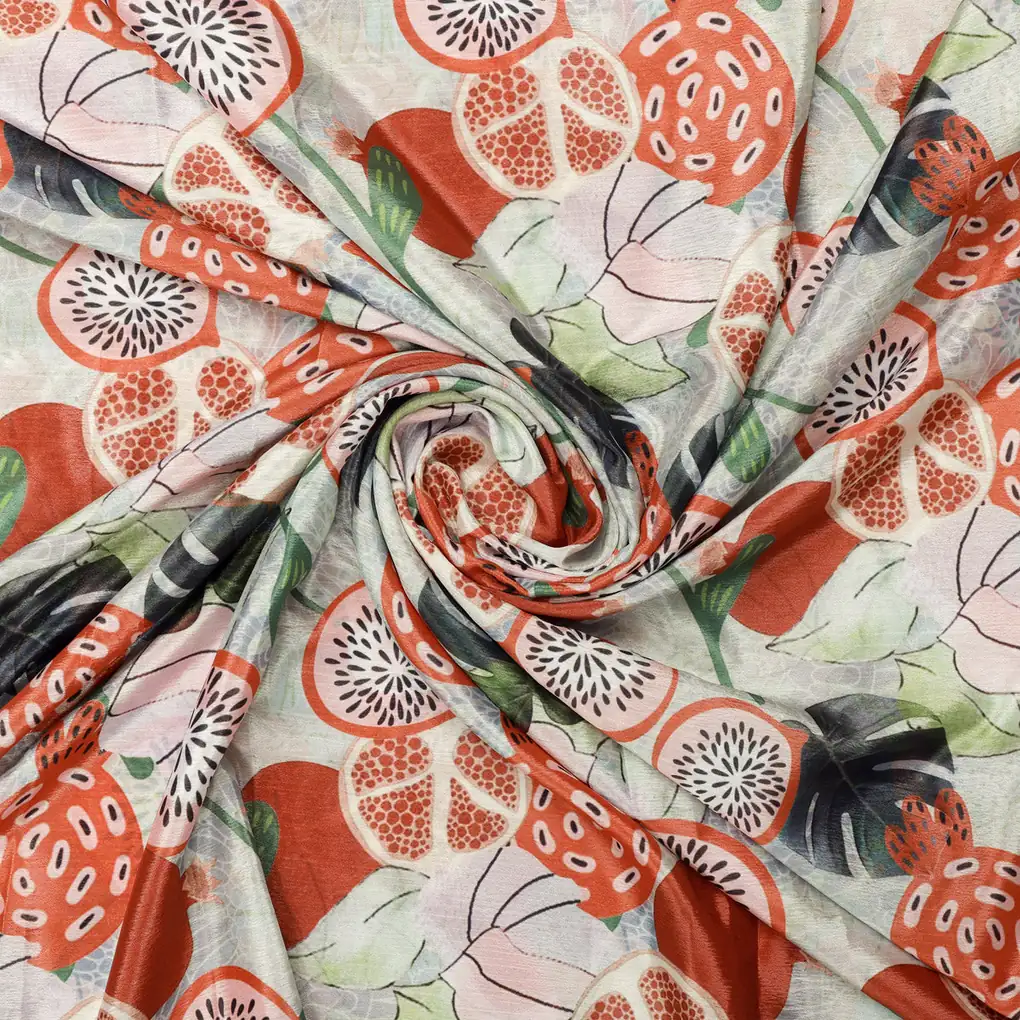 Orange Tropical Fruits and Leaves Printed Chinon Fabric - Image 2