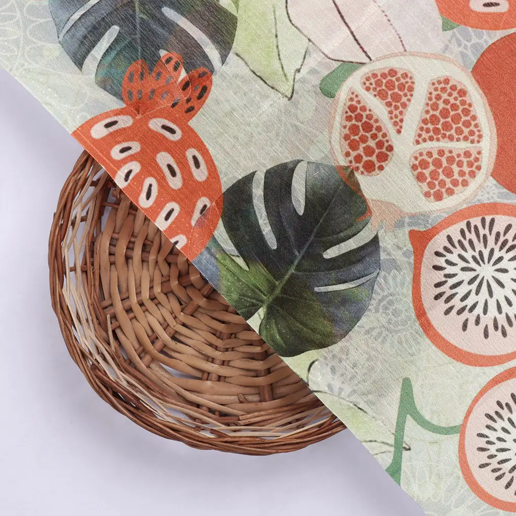 Orange Tropical Fruits and Leaves Printed Chinon Fabric - Image 3