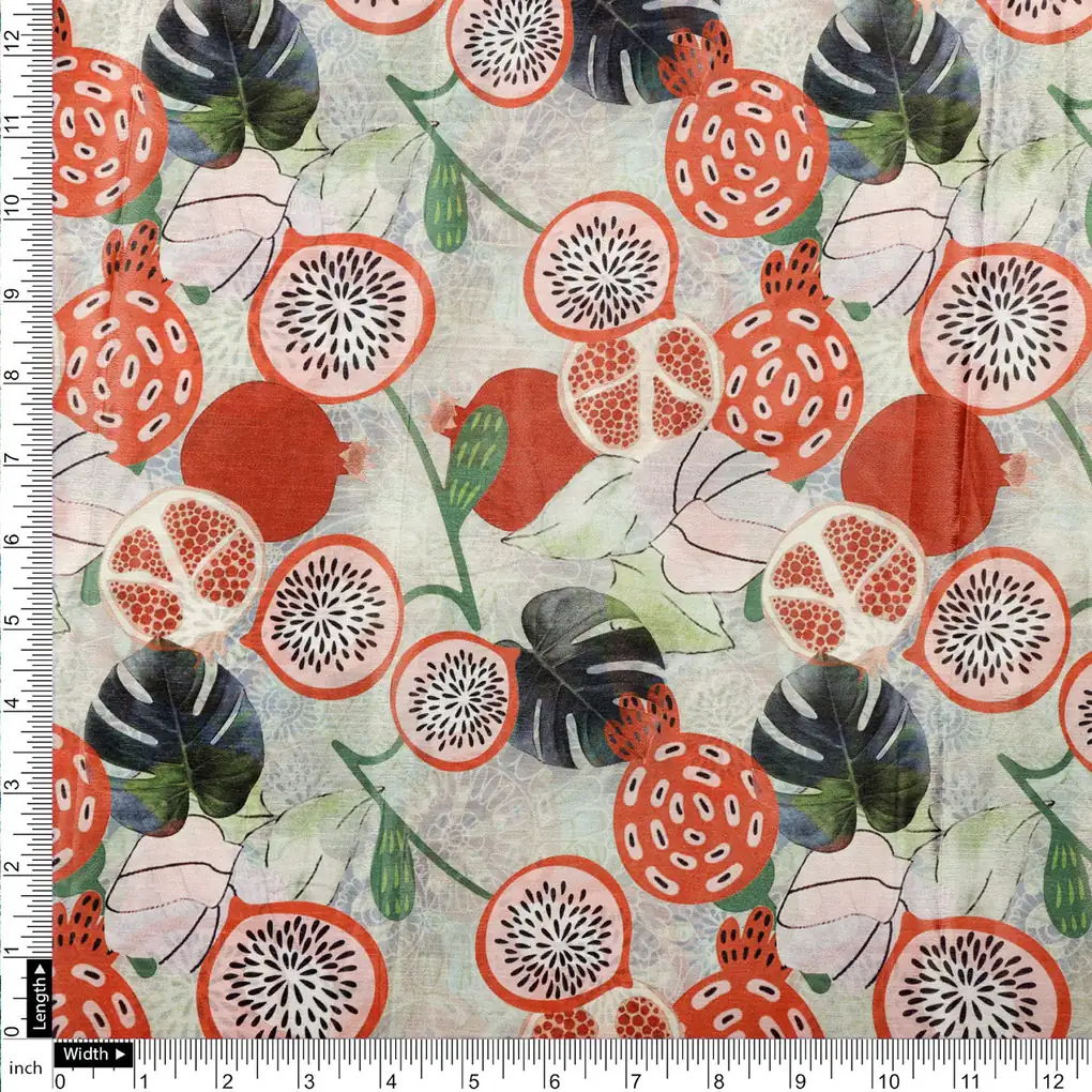 Orange Tropical Fruits and Leaves Printed Chinon Fabric - Image 4