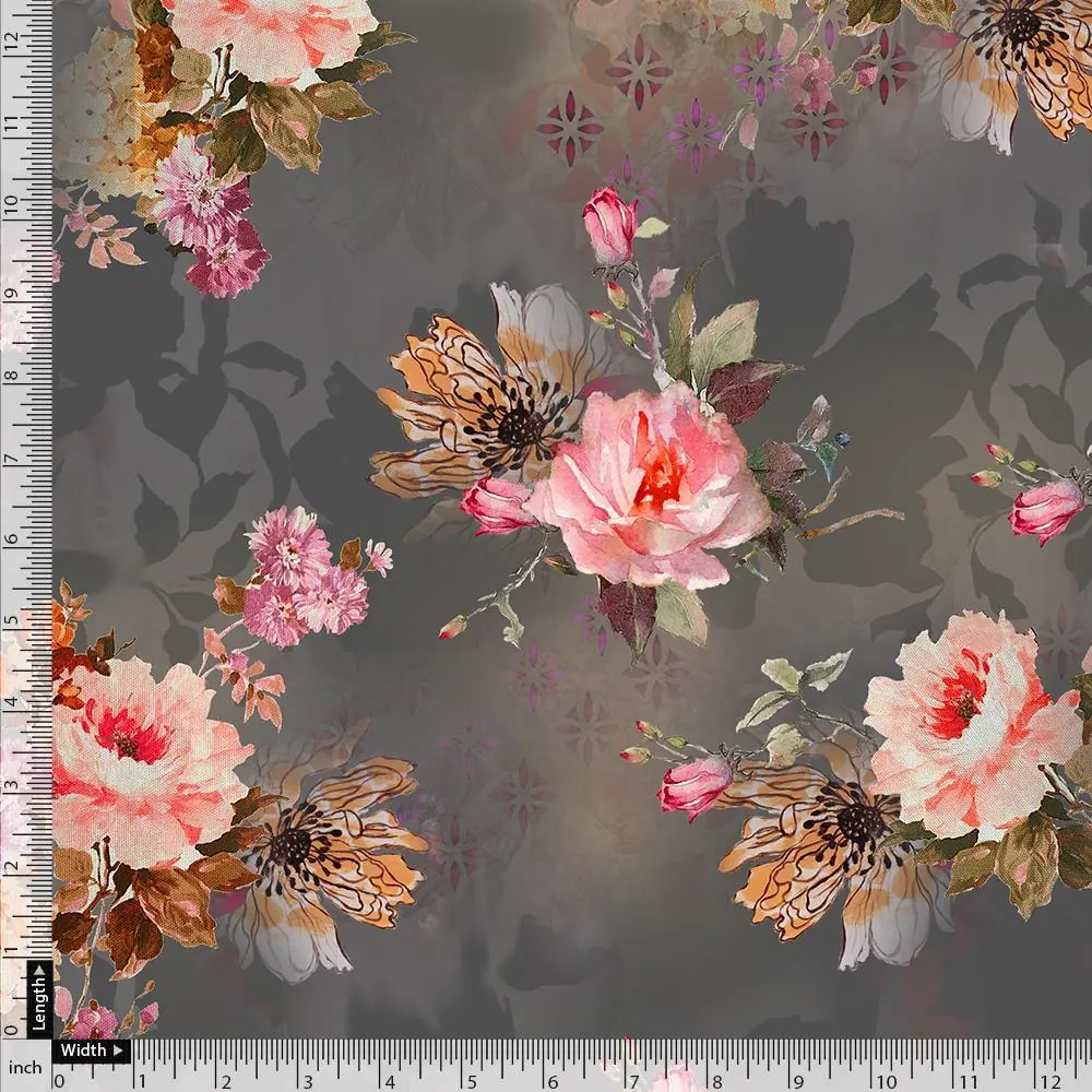 Painted Flower Bunch On Grey Palate Digital Printed Fabric - Image 4