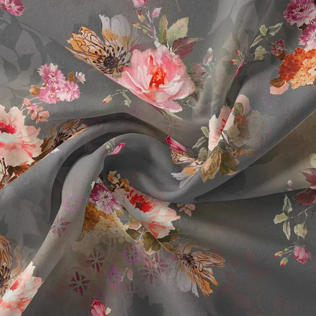 Painted Flower Bunch On Grey Palate Digital Printed Fabric  - Japan Satin - Image 3
