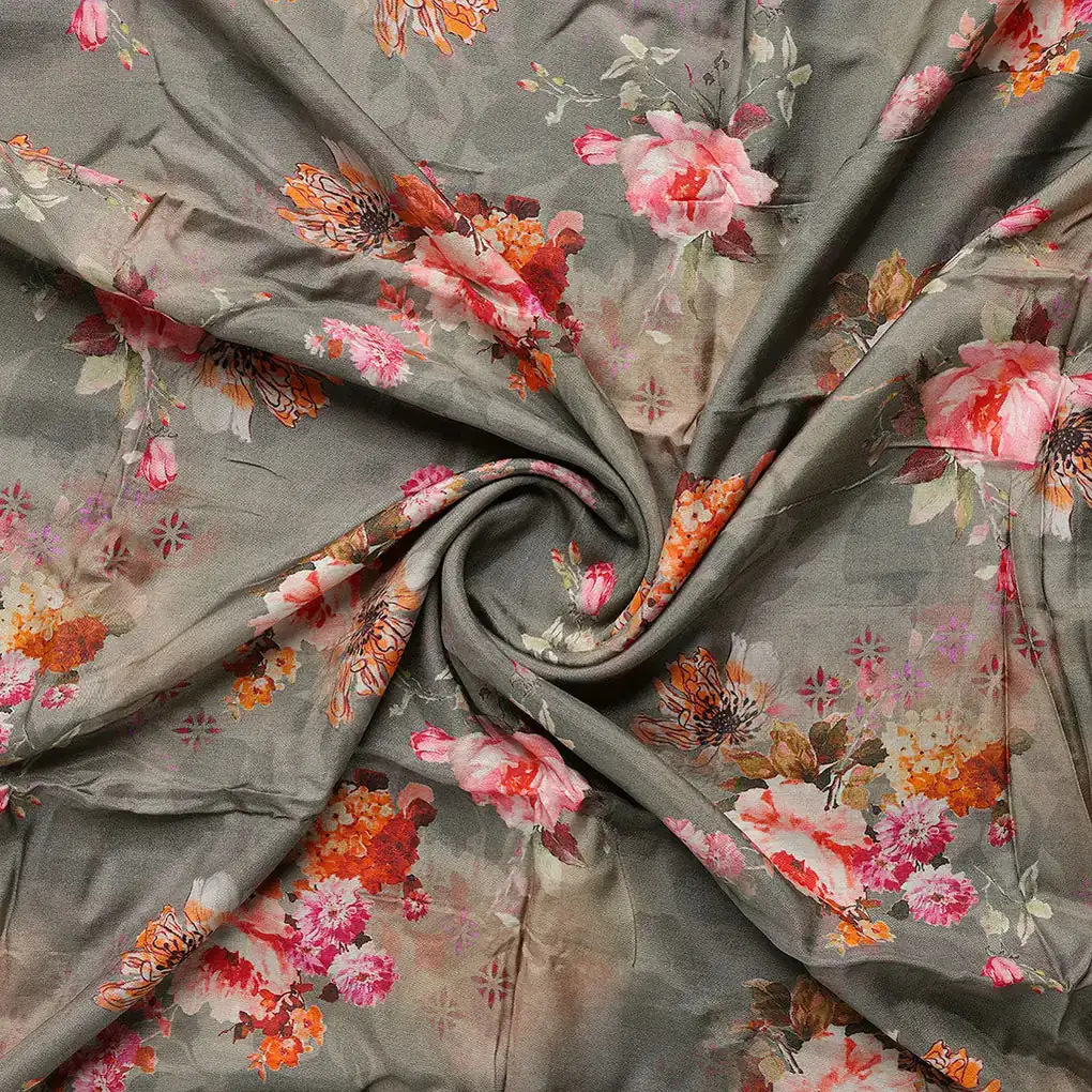 Painted Flower Bunch On Grey Palate Digital Printed Fabric  - Pure Muslin - Image 2