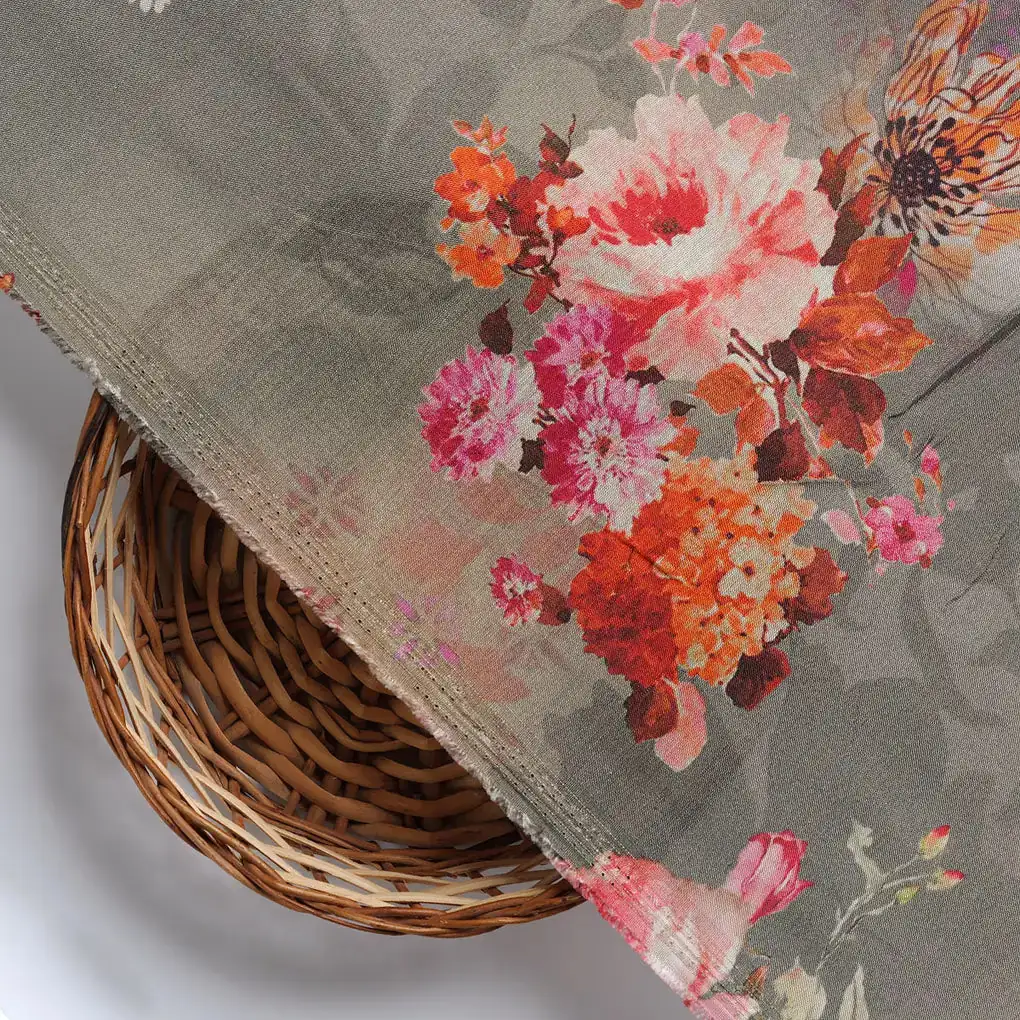 Painted Flower Bunch On Grey Palate Digital Printed Fabric  - Pure Muslin - Image 3