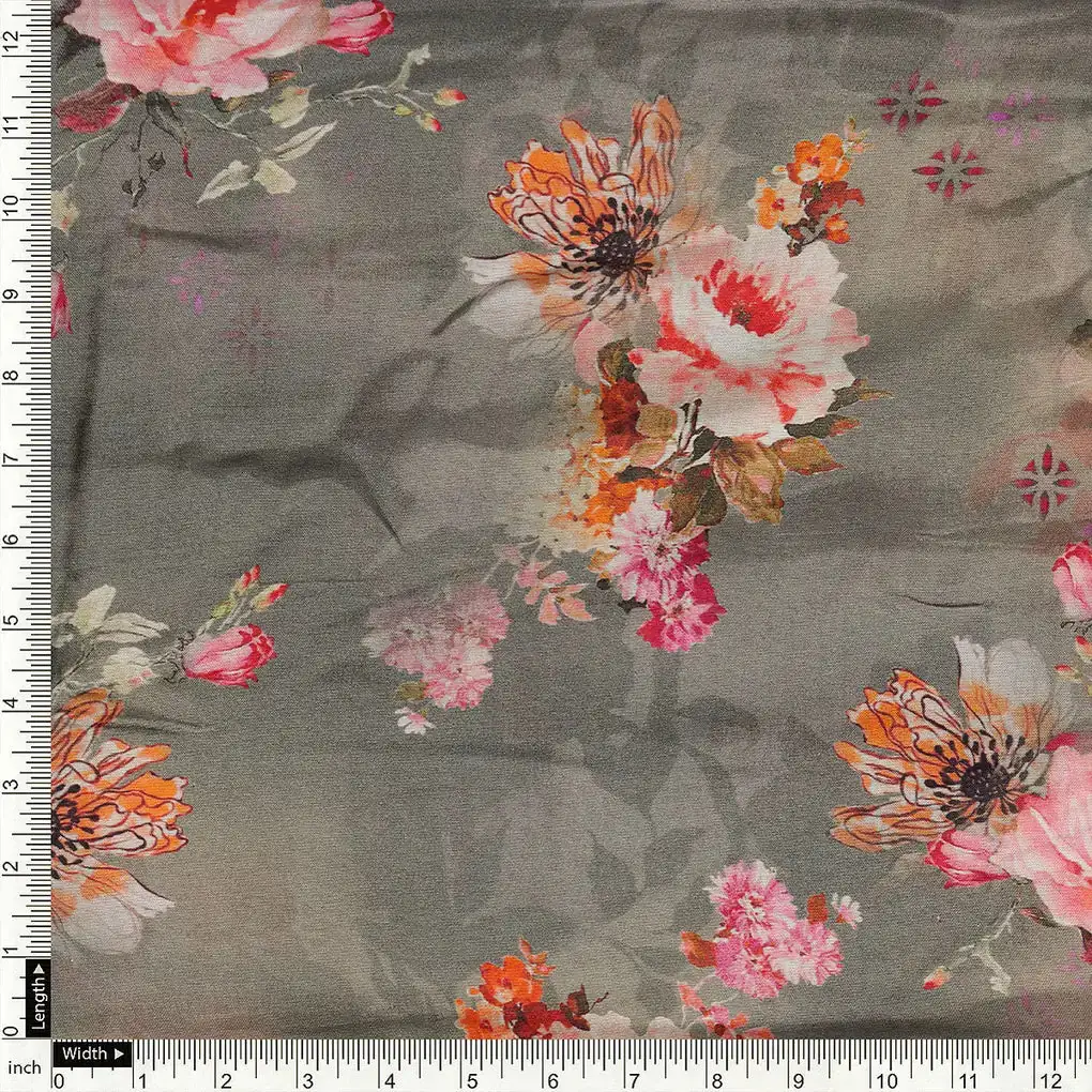 Painted Flower Bunch On Grey Palate Digital Printed Fabric  - Pure Muslin - Image 4