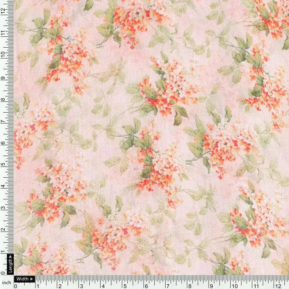 Painted Orange Flower Chintz Digital Printed Fabric  - Pure Georgette - Image 4
