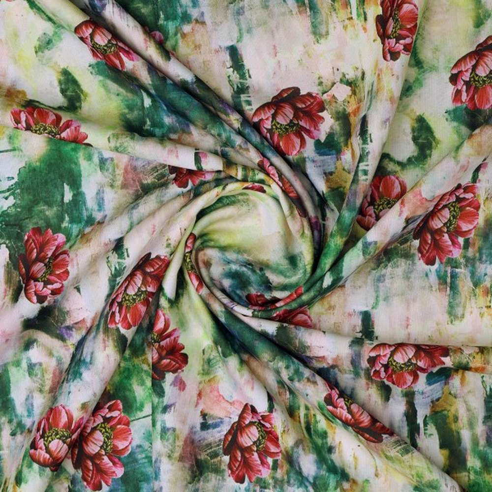 Painterly Red Poppy on Green Abstract Rayon Fabric - Image 3