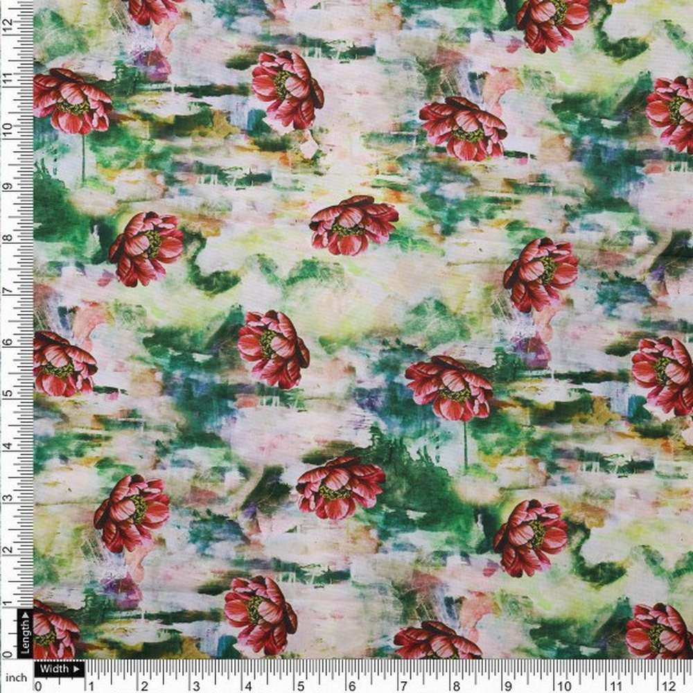 Painterly Red Poppy on Green Abstract Rayon Fabric - Image 4