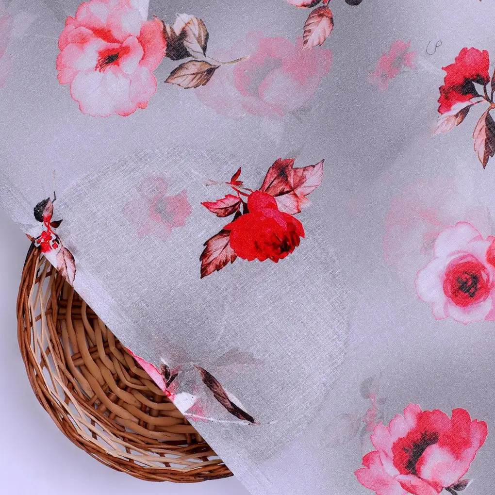 Red Floral Pure Cotton Printed Fabric Material - Image 2