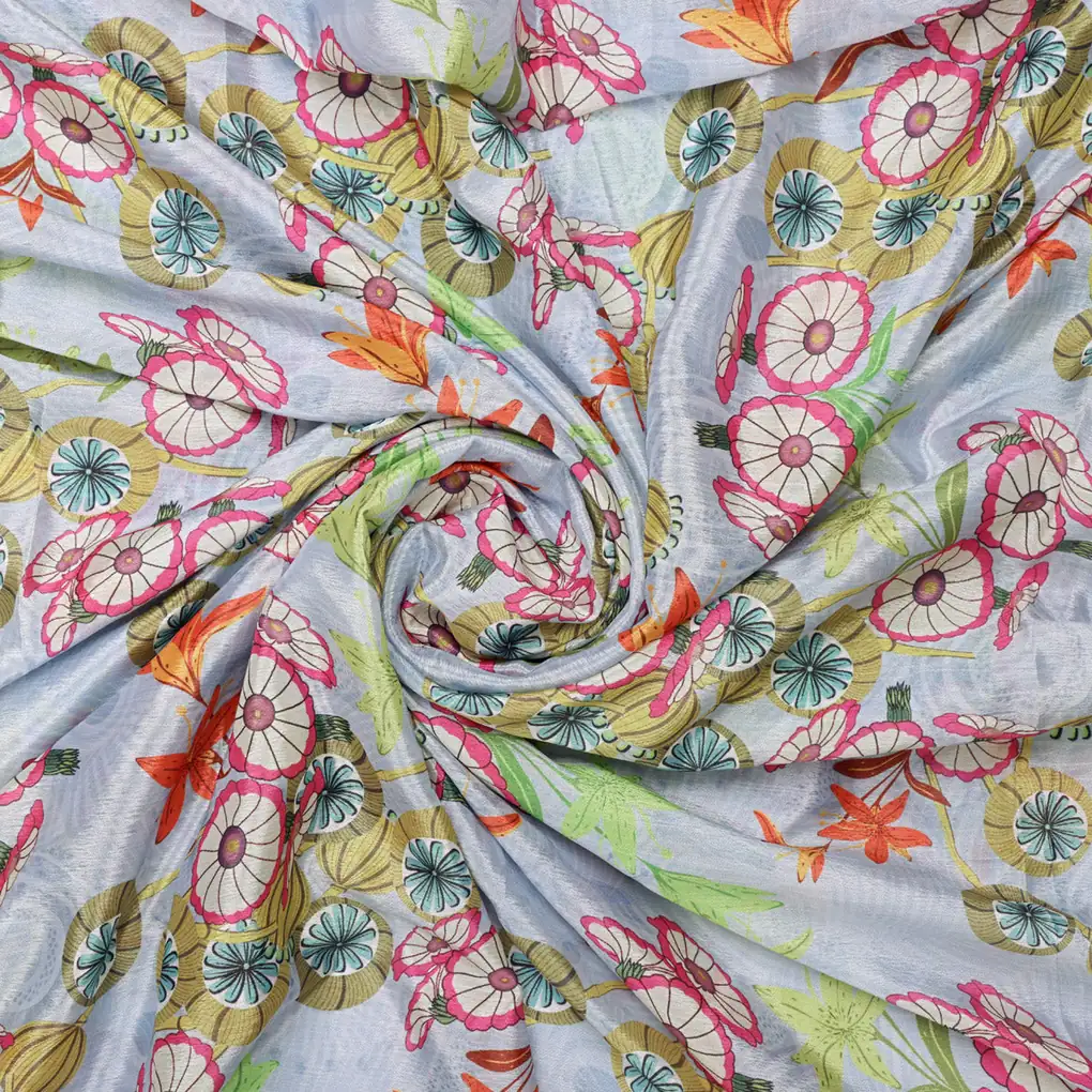 Pastel Blue Chinon Fabric with Colourful Floral Print - Image 2