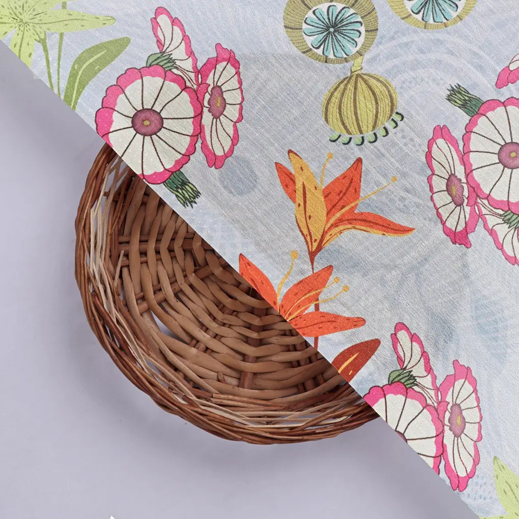 Pastel Blue Chinon Fabric with Colourful Floral Print - Image 3