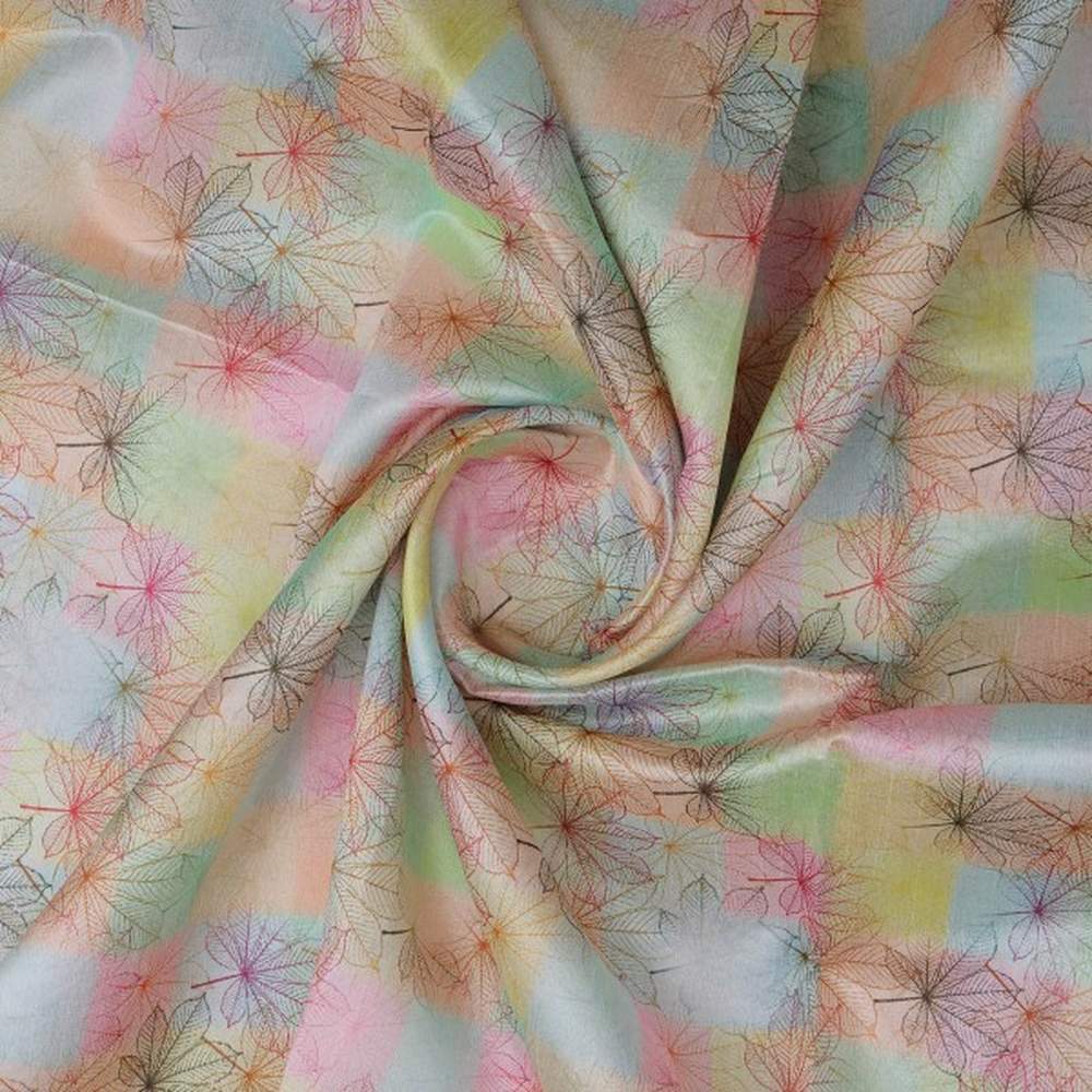 Pastel Checkered Chestnut Leaf Print Tusser Silk Fabric - Image 2