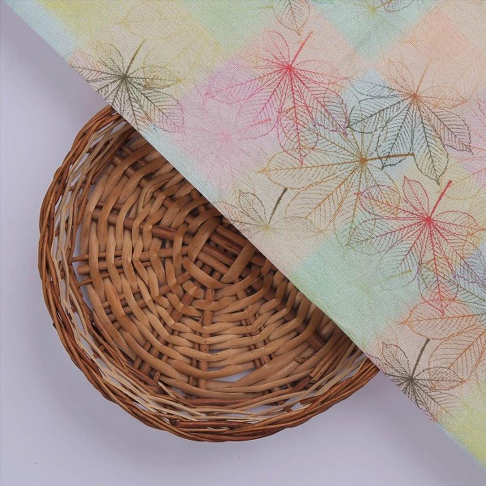 Pastel Checkered Chestnut Leaf Print Tusser Silk Fabric - Image 3