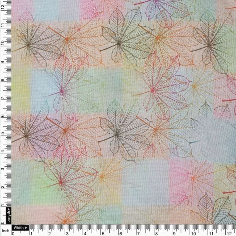Pastel Checkered Chestnut Leaf Print Tusser Silk Fabric - Image 4