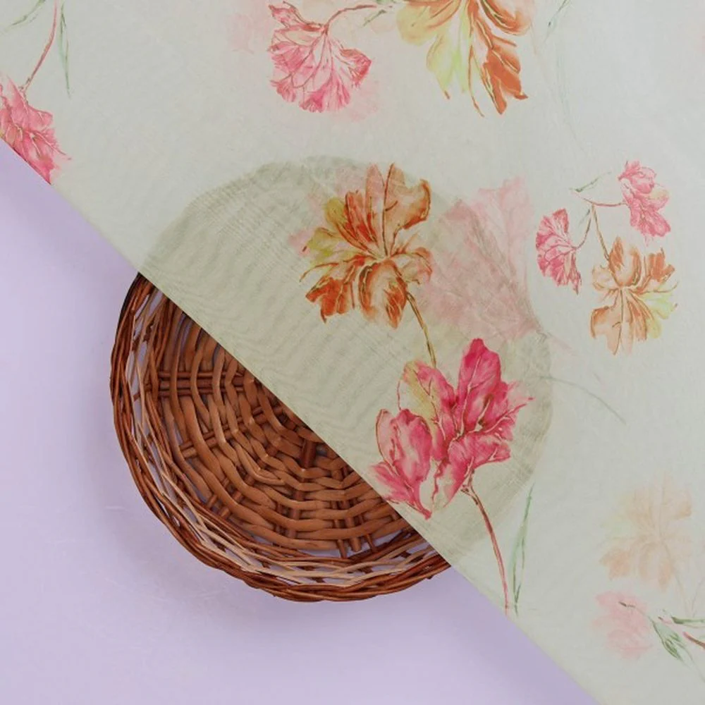 Pastel Green & Pink Floral Watercolour Organza Fabric - Image 3