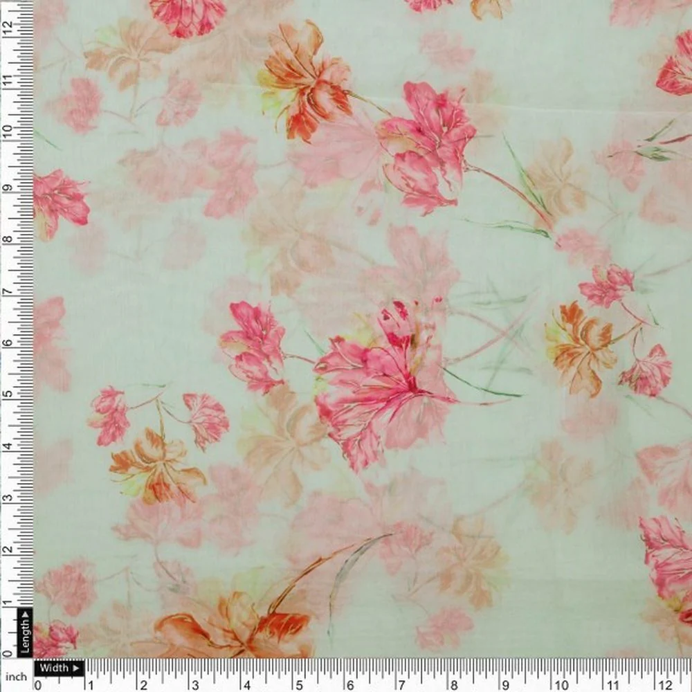 Pastel Green & Pink Floral Watercolour Organza Fabric - Image 4