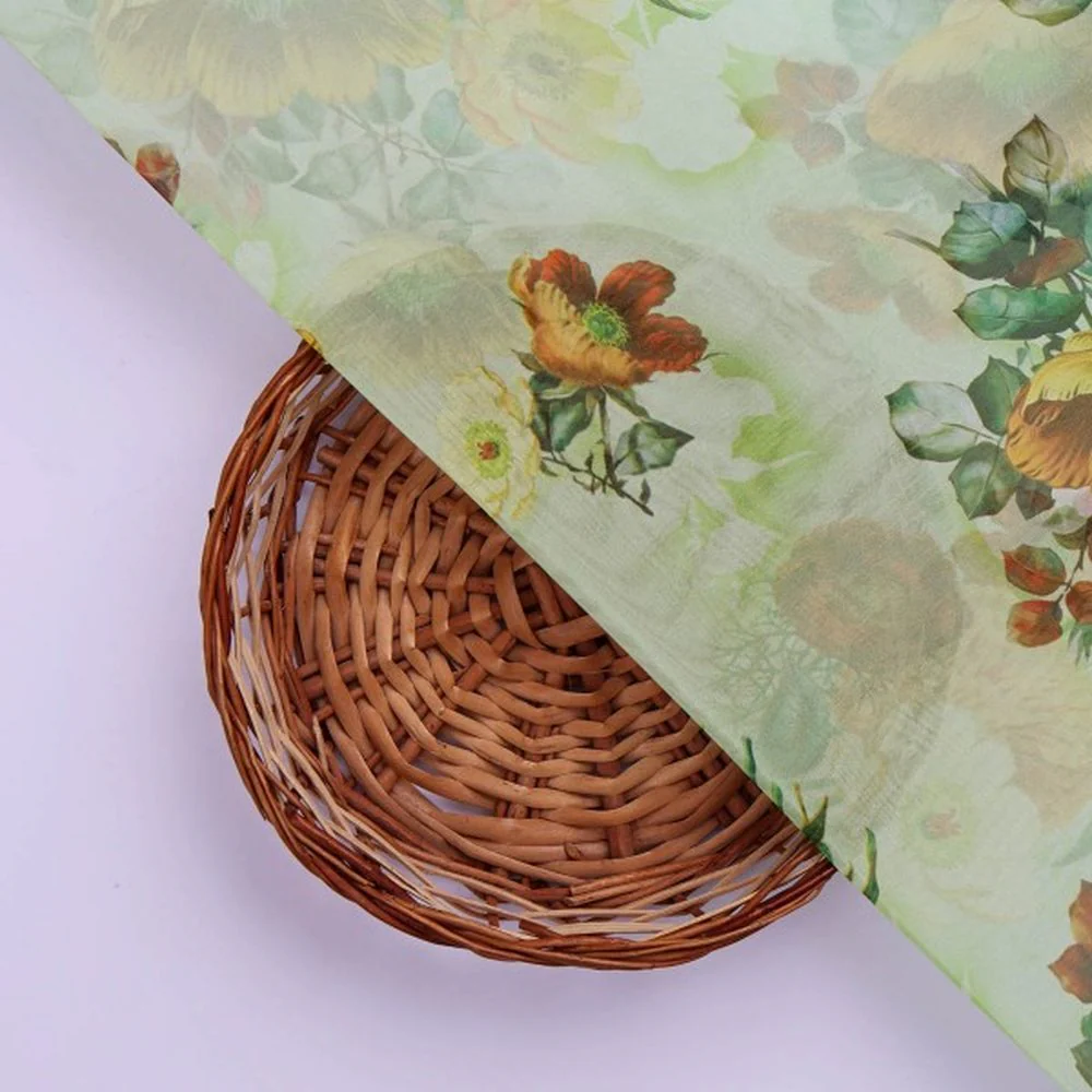Pastel Green & Yellow Floral Printed Sheer Organza Fabric - Image 2