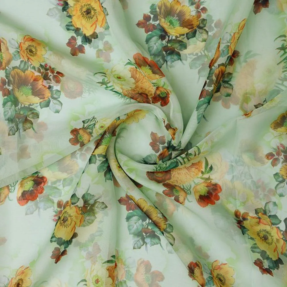 Pastel Green & Yellow Floral Printed Sheer Organza Fabric - Image 3