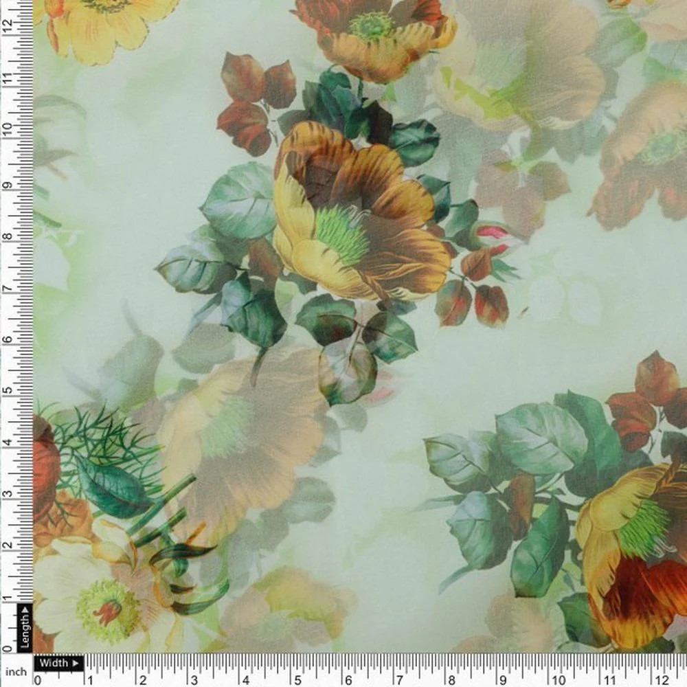Pastel Green & Yellow Floral Printed Sheer Organza Fabric - Image 4