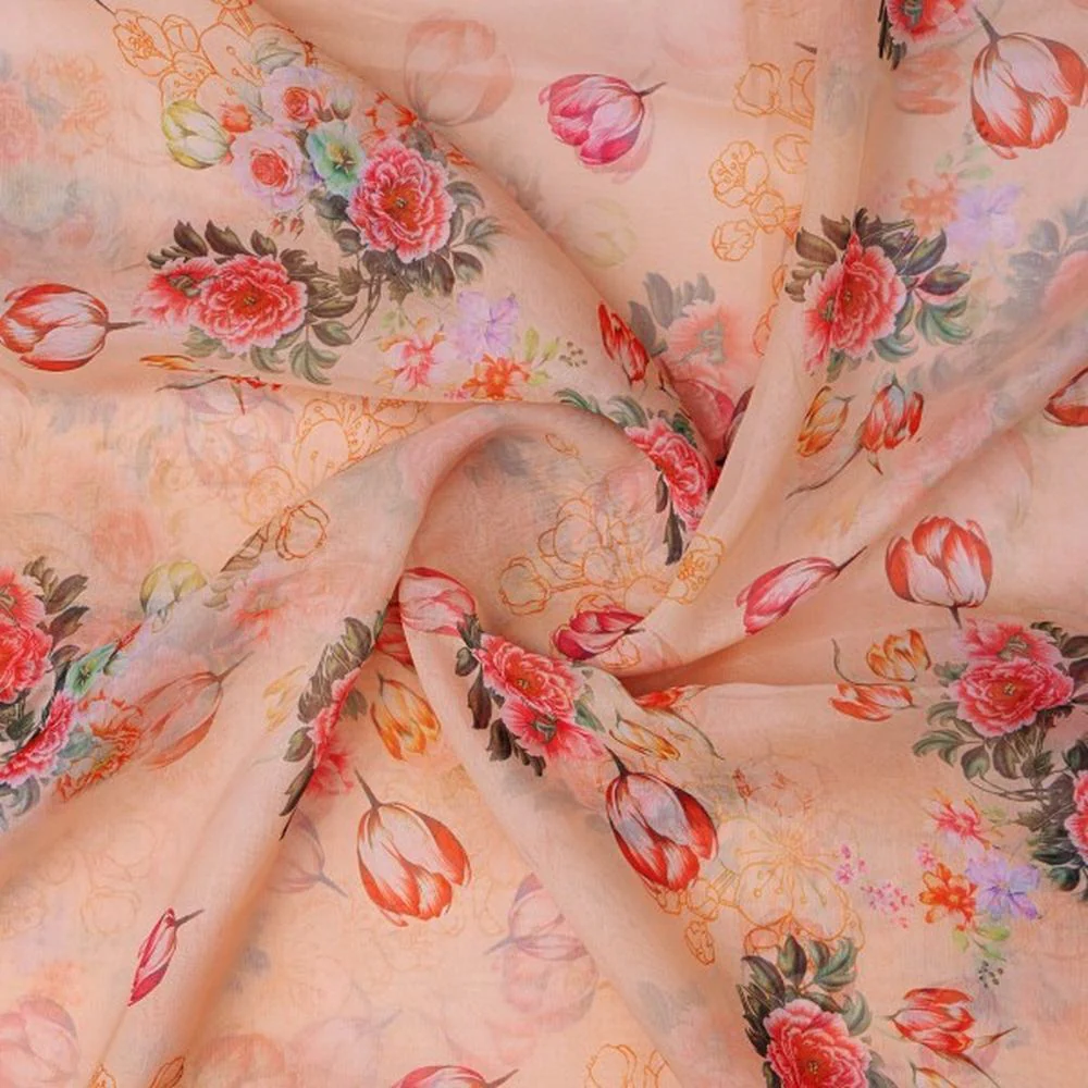 Peach Floral Garden Tulip Print Sheer Organza Fabric - Image 3