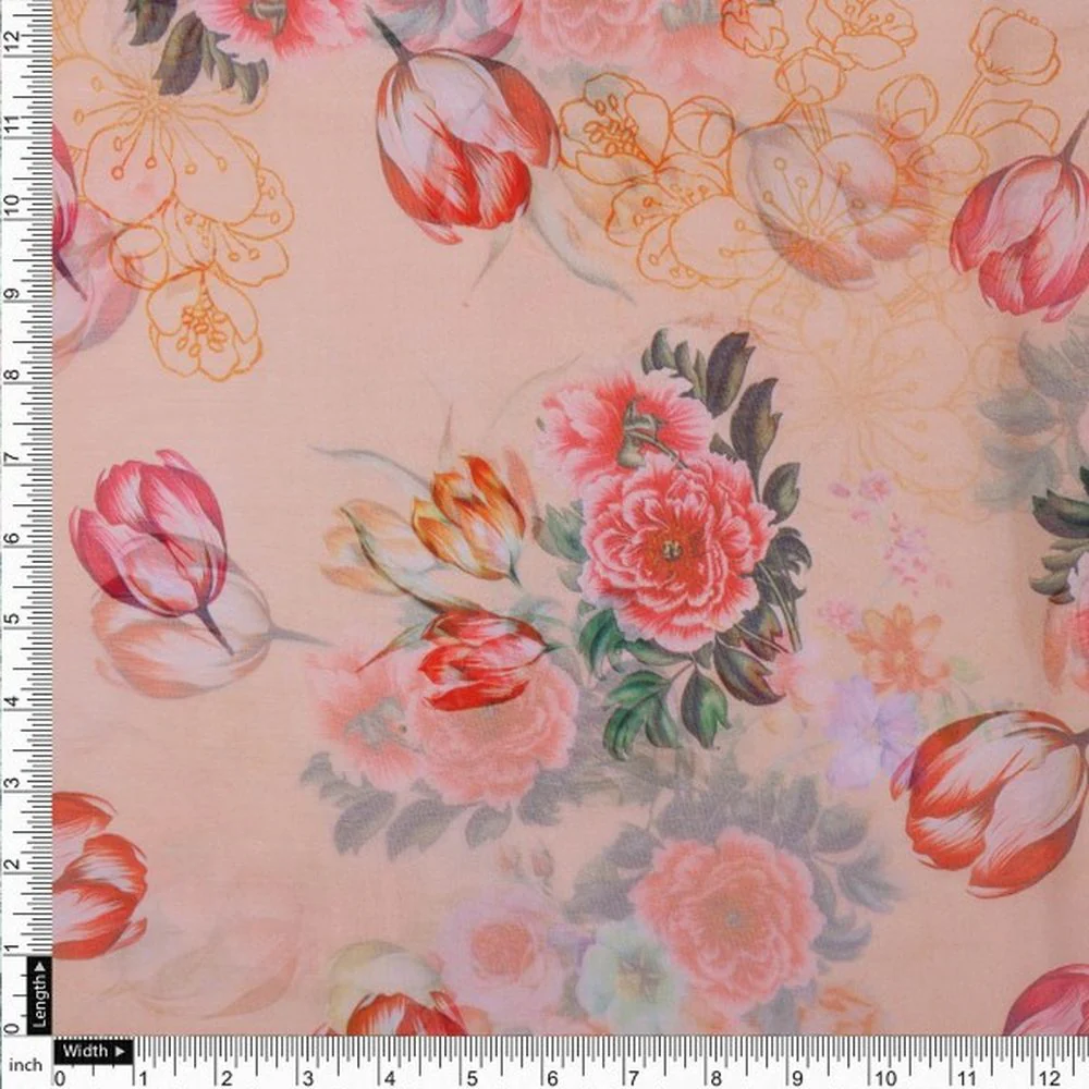 Peach Floral Garden Tulip Print Sheer Organza Fabric - Image 4