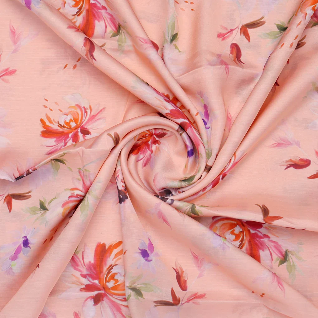 Peach Floral Linen Satin Fabric - Image 2