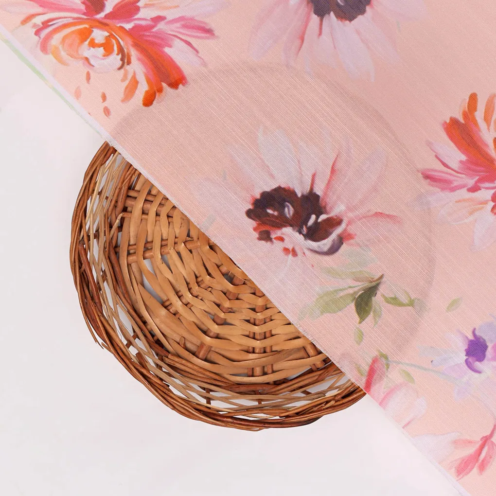 Peach Floral Linen Satin Fabric - Image 3
