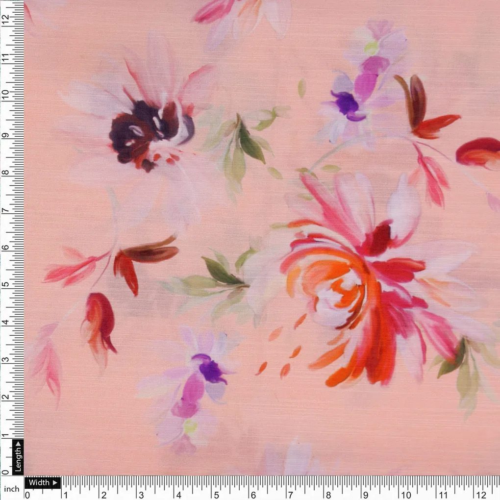 Peach Floral Linen Satin Fabric - Image 4
