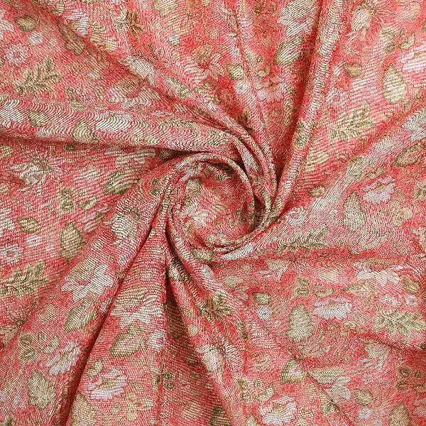 Peach Floral Printed Tusser Silk Fabric - Image 2