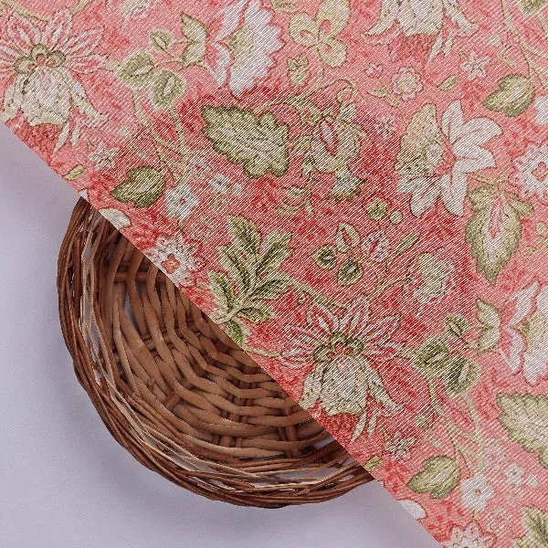 Peach Floral Printed Tusser Silk Fabric - Image 3