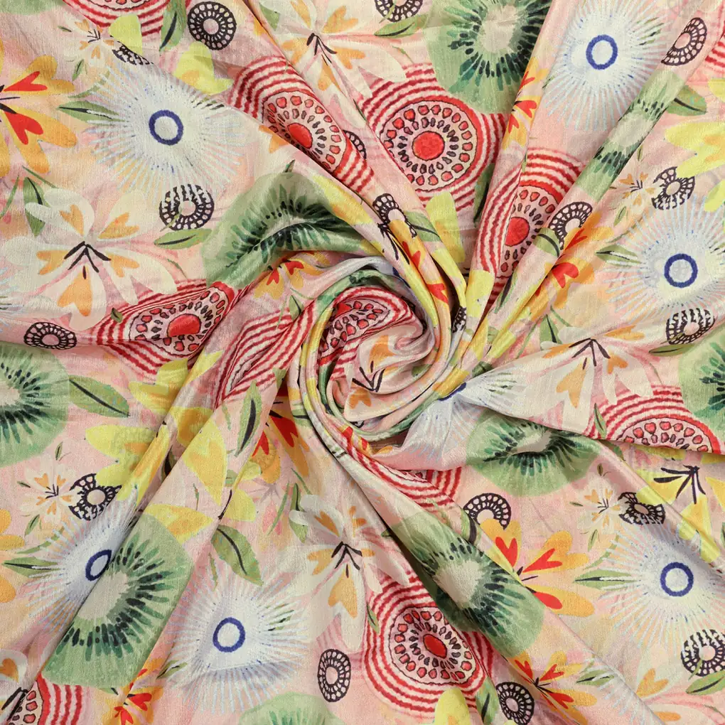 Peach & Green Bohemian Abstract Floral Chinon Fabric - Image 3