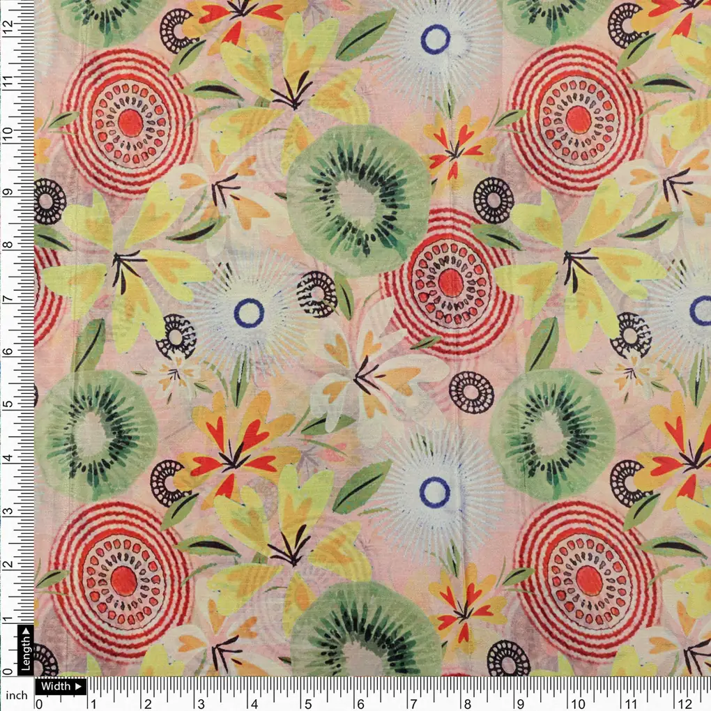 Peach & Green Bohemian Abstract Floral Chinon Fabric - Image 4