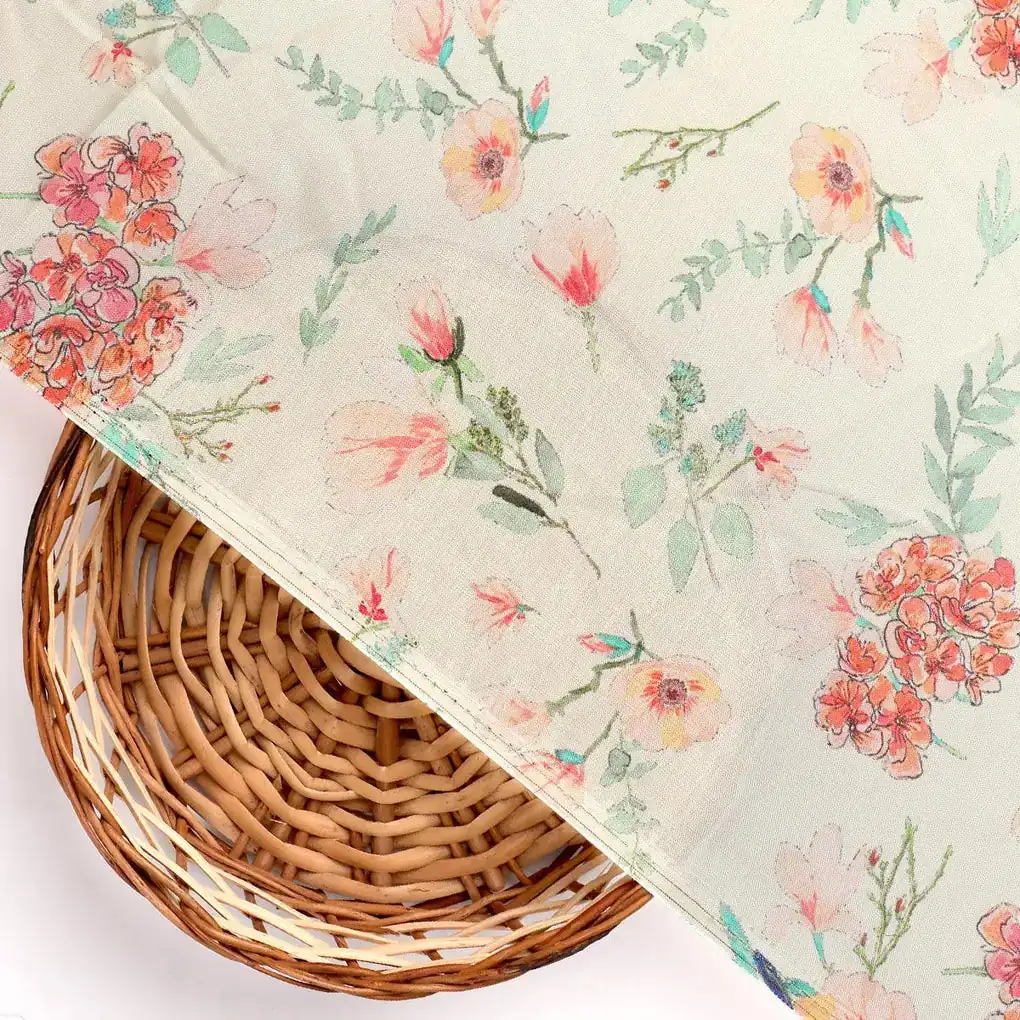 Light green Leaves Pure Muslin Printed Fabric Material - Image 2