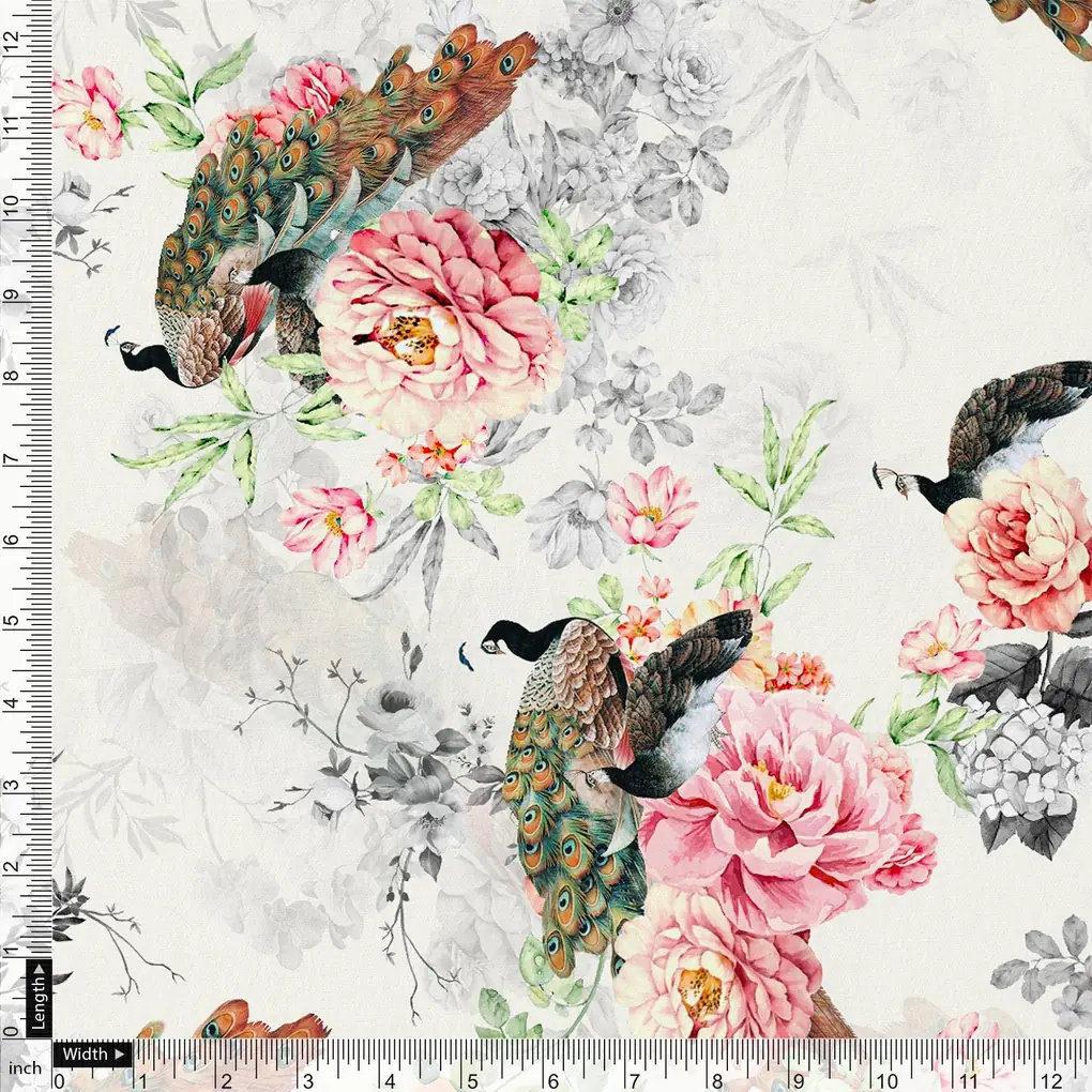 Peacock & Floral Digital Printed Fabric - Image 4