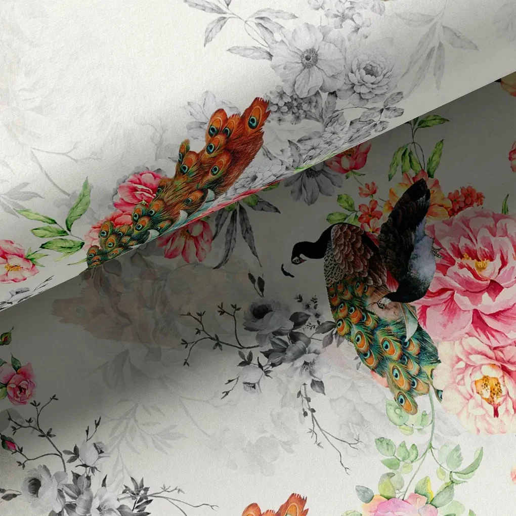 Peacock & Floral Digital Printed Fabric - Image 3