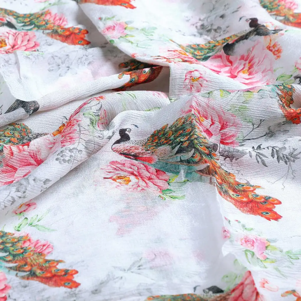 Peacock & Floral Digital Printed Fabric - Pure Chinon - Image 3