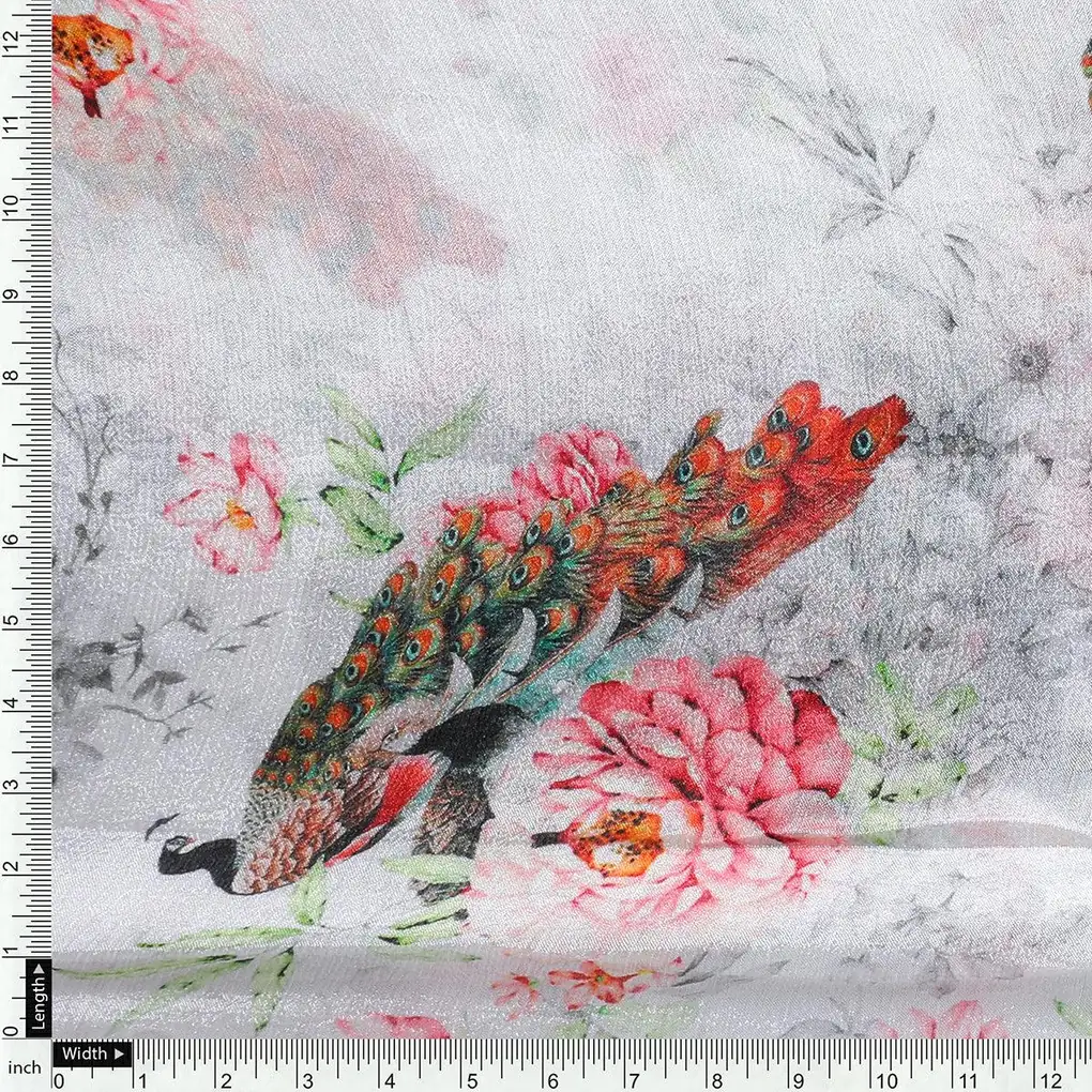 Peacock & Floral Digital Printed Fabric - Pure Chinon - Image 4