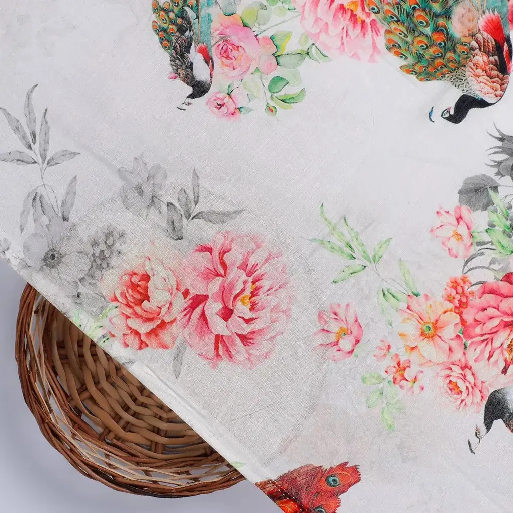 Peacock & Floral Digital Printed Fabric - Image 2