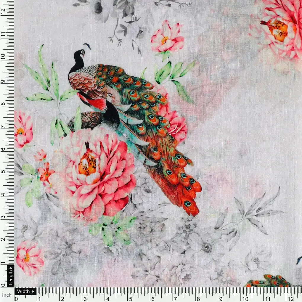 Peacock & Floral Digital Printed Fabric - Image 4