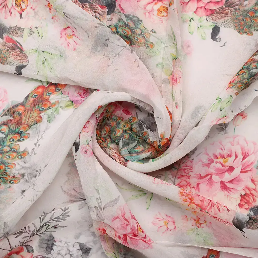 Peacock & Floral Digital Printed Fabric - Image 2