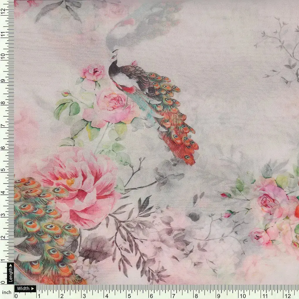 Peacock & Floral Digital Printed Fabric - Image 3
