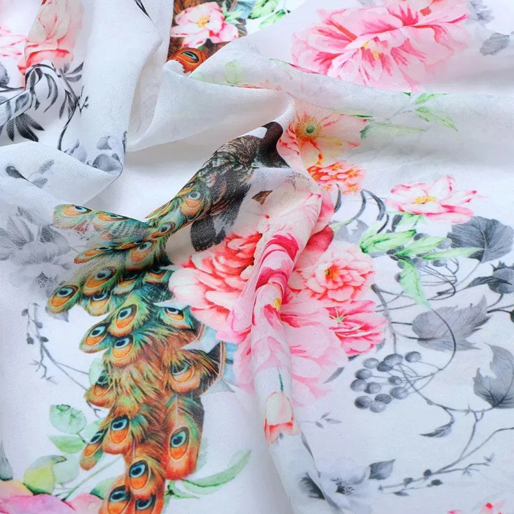 Peacock & Floral Digital Printed Fabric - Image 3