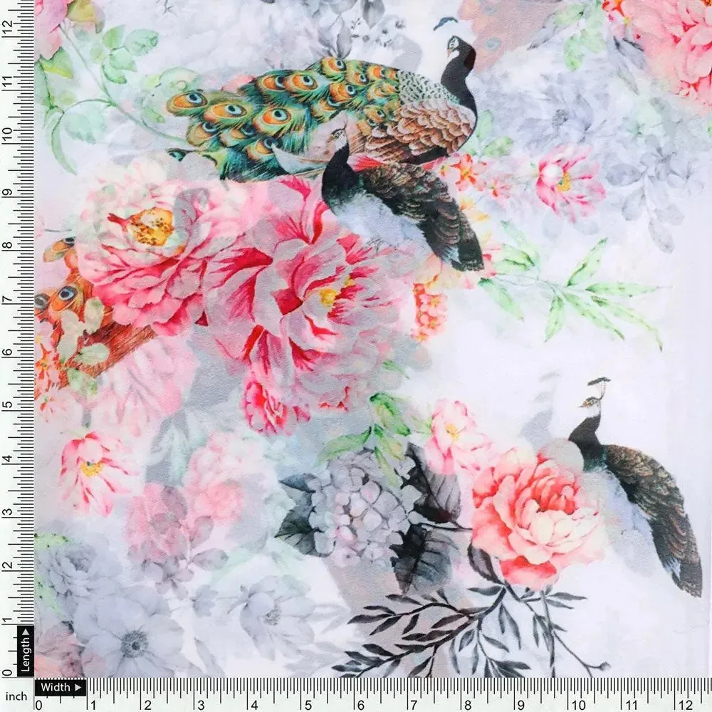 Peacock & Floral Digital Printed Fabric - Image 4
