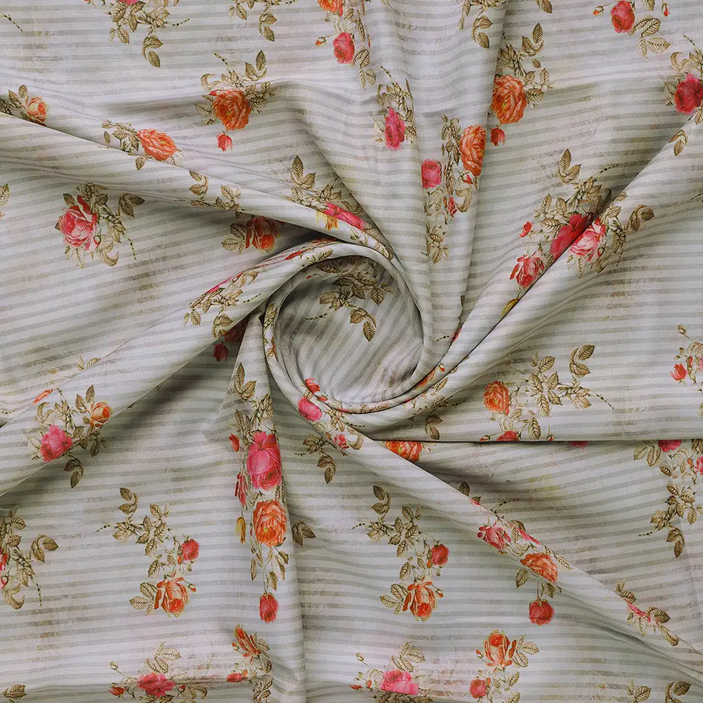 Peony Floral Strips Orange With Red Digital Printed Fabric - Poly Muslin - Image 2