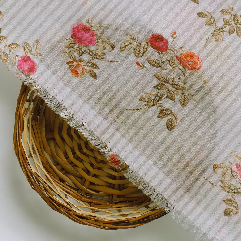 Peony Floral Strips Orange With Red Digital Printed Fabric - Poly Muslin - Image 3