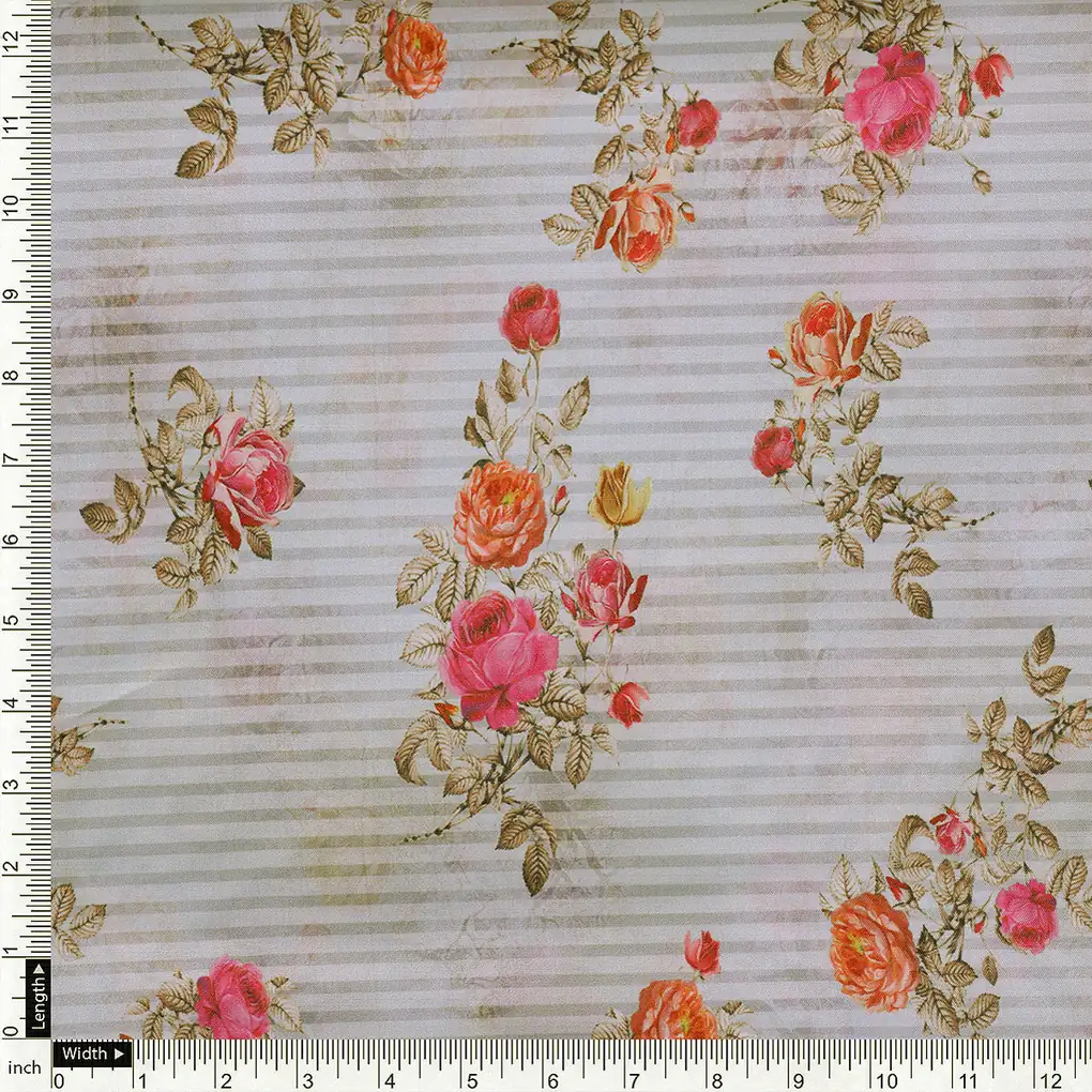Peony Floral Strips Orange With Red Digital Printed Fabric - Poly Muslin - Image 4