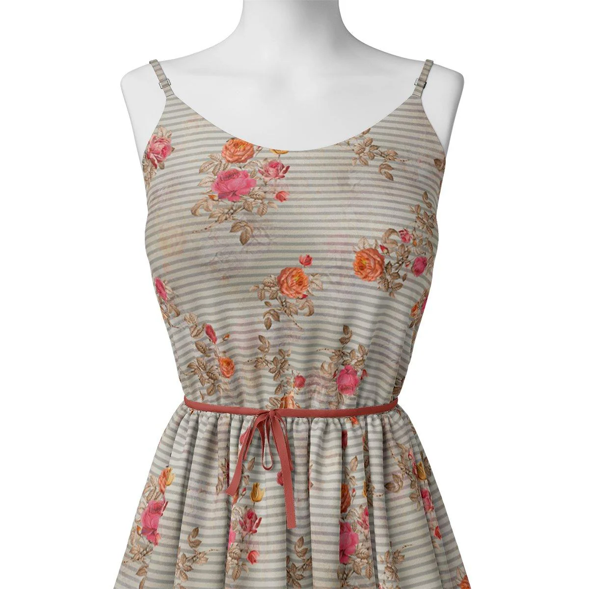 Peony Floral Strips Orange With Red Digital Printed Fabric - Cotton - Image 2