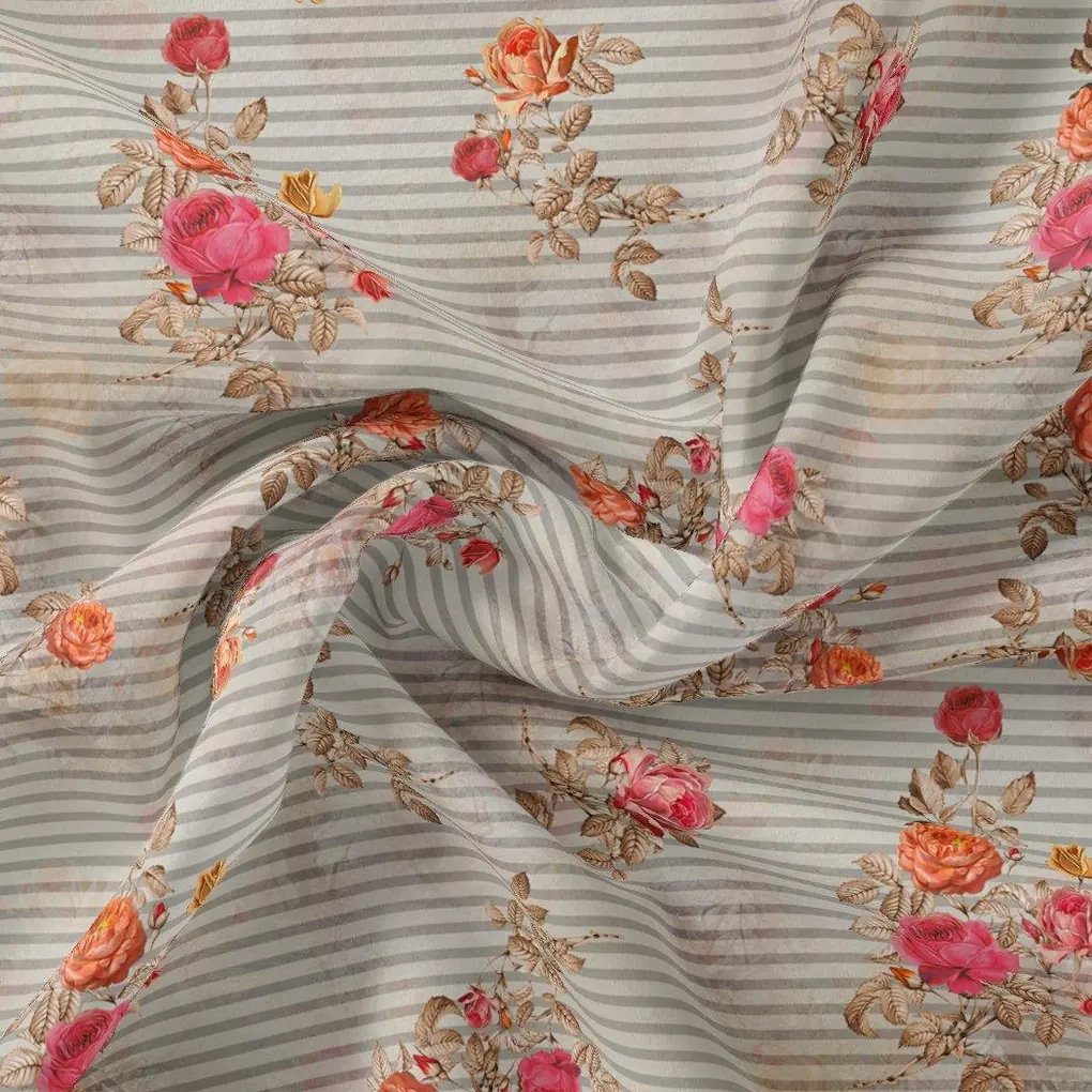 Peony Floral Strips Orange With Red Digital Printed Fabric - Cotton - Image 3