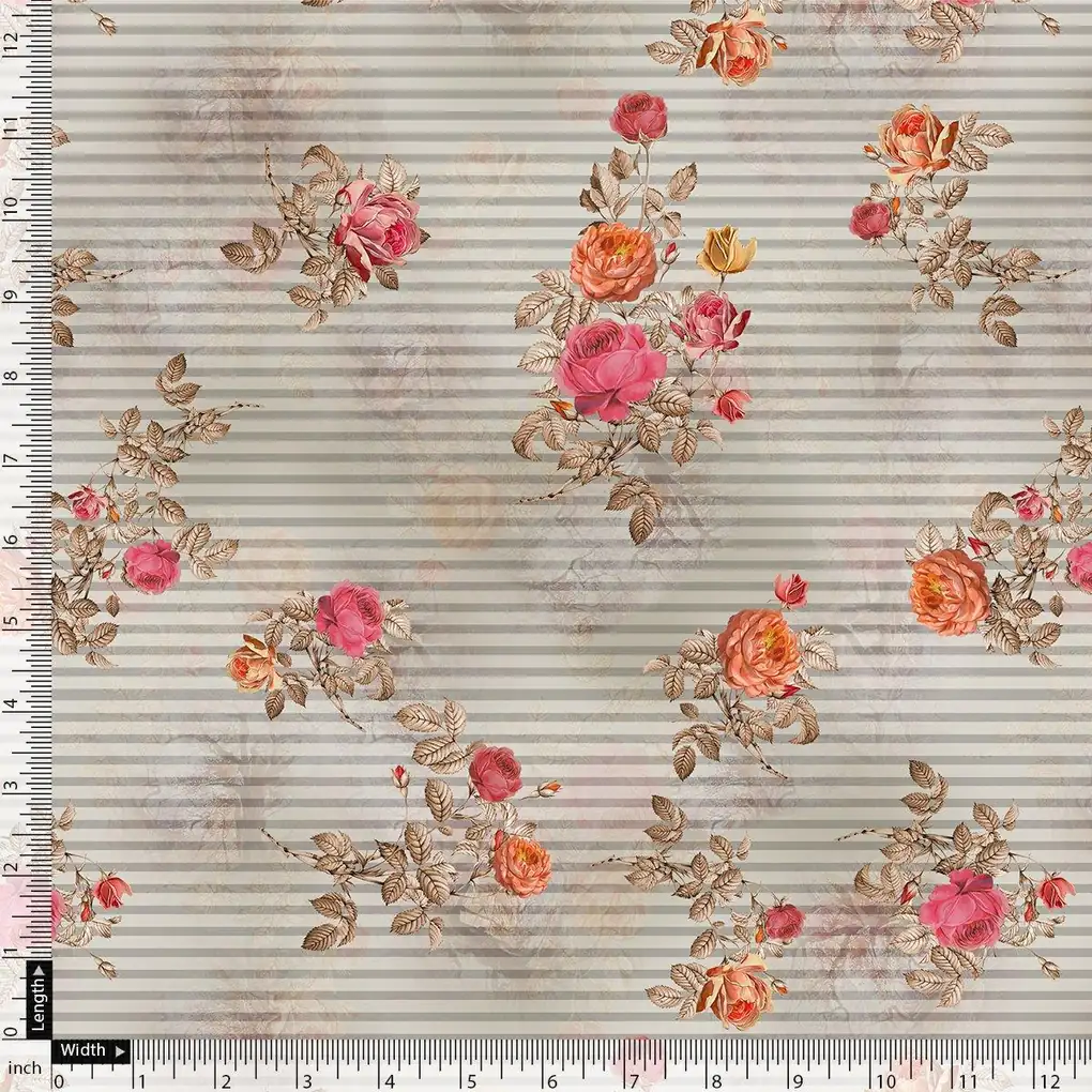 Peony Floral Strips Orange With Red Digital Printed Fabric - Pure Georgette - Image 4