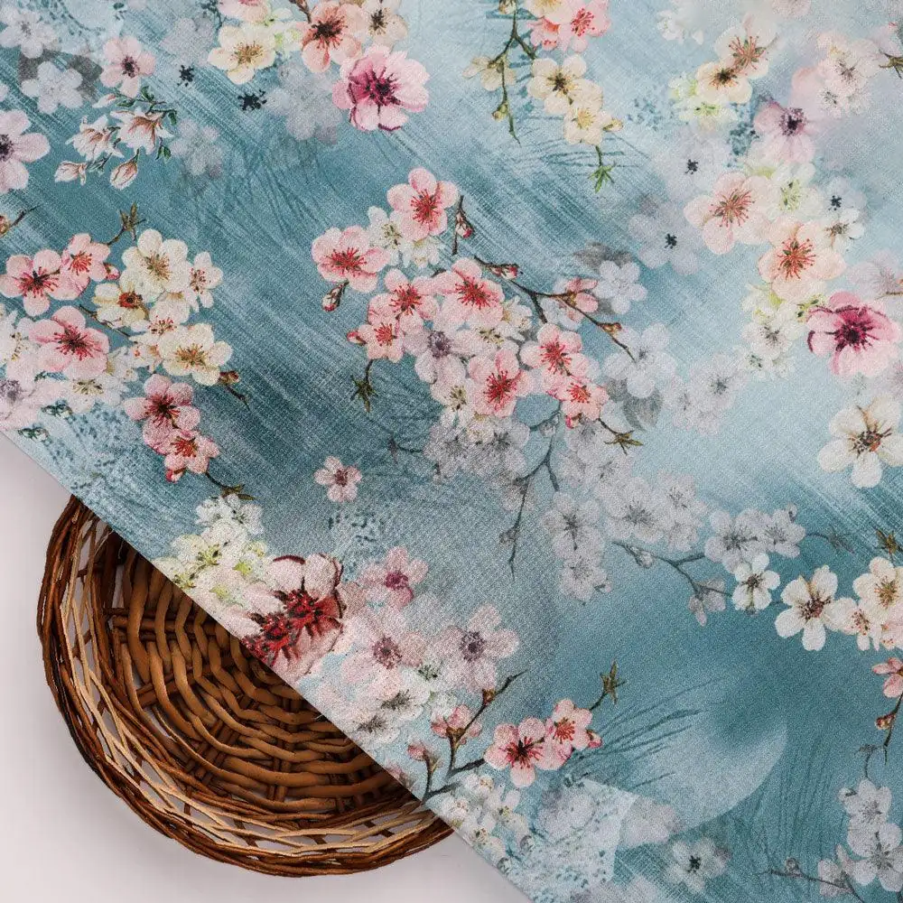 Periwinkle Floral Spring Flower Digital Printed Fabric - Kora Silk - Image 2